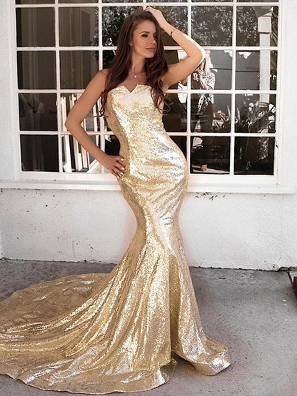 Trumpet/Mermaid Ruffles Sleeveless Sequins Sweep/Brush Train Straps Dresses