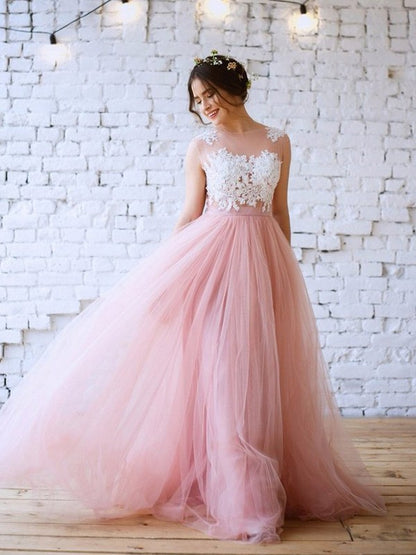 A-Line/Princess Applique Bateau Sleeveless Tulle Sweep/Brush Train Dresses