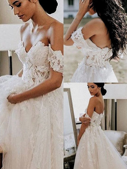 A-Line/Princess Sleeveless Tulle Off-the-Shoulder Applique Sweep/Brush Train Wedding Dresses