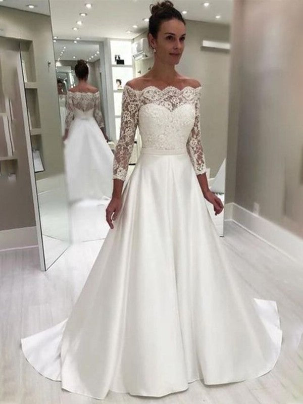 A-Line/Princess Satin 3/4 Sleeves Lace Sweep/Brush Train Off-the-Shoulder Wedding Dresses