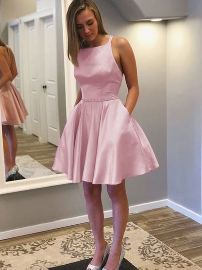 A-Line/Princess Satin With Rhinestone Straps Sleeveless Short/Mini Homecoming Dresses