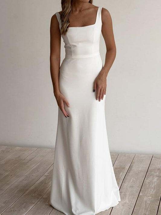 Tight fit/straight tube  crepe ruffle edge shoulder strap sleeveless ground wedding dress