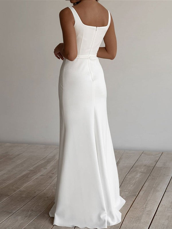 Tight fit/straight tube  crepe ruffle edge shoulder strap sleeveless ground wedding dress