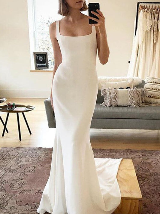 Tight straight tube  crepe shoulder strap sleeveless sweeping ruffle edge wedding dress