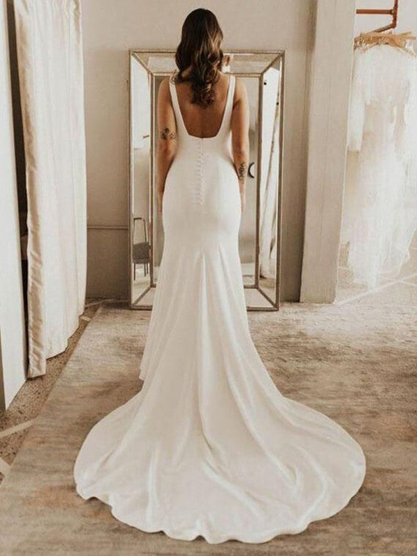 Tight straight tube  crepe shoulder strap sleeveless sweeping ruffle edge wedding dress