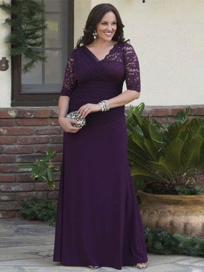 A-Line/Princess Satin Lace V-neck 1/2 Sleeves Floor-Length Mother of the Bride Dresses
