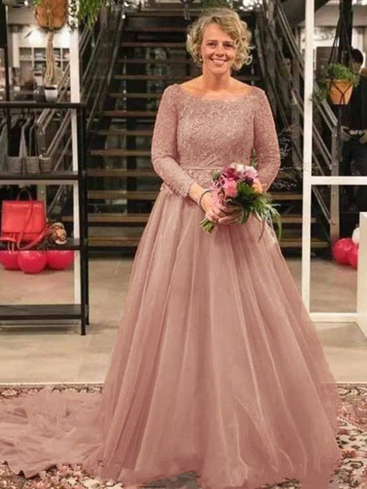 A-Line/Princess Tulle Applique Scoop Long Sleeves Court Train Mother of the Bride Dresses