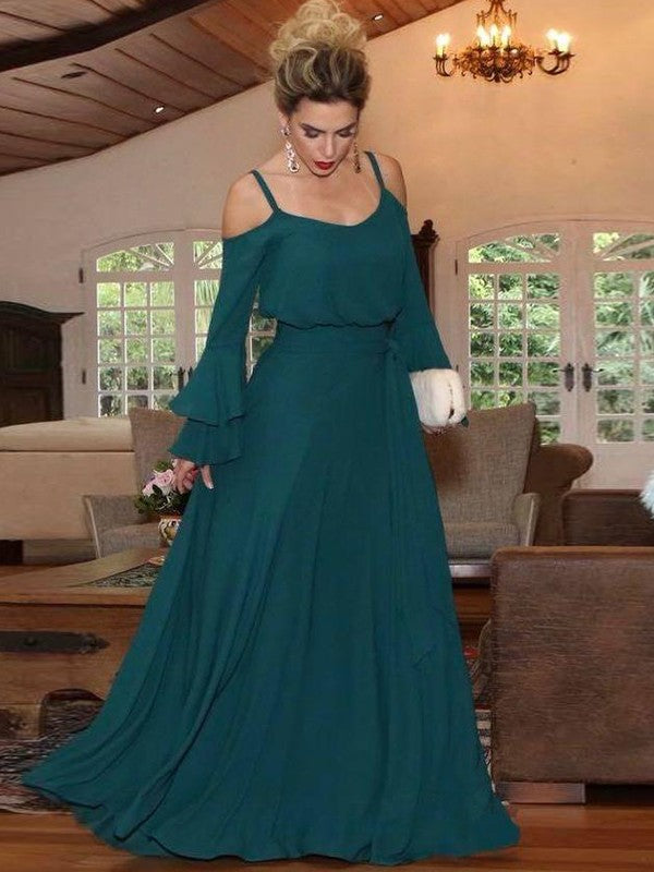 A-Line/Princess Chiffon Ruffles Square Long Sleeves Floor-Length Mother of the Bride Dresses