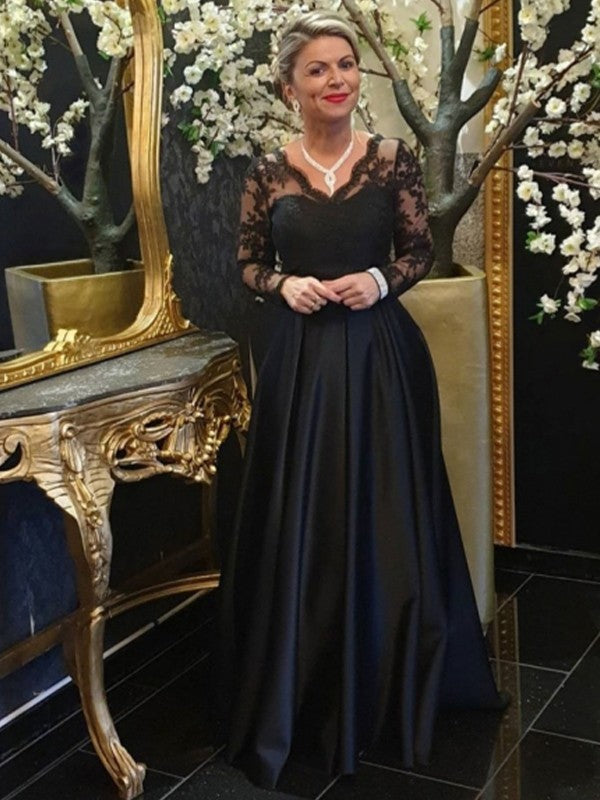 A-Line/Princess Satin Lace V-neck Long Sleeves Sweep/Brush Train Mother of the Bride Dresses