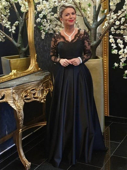 A-Line/Princess Satin Lace V-neck Long Sleeves Sweep/Brush Train Mother of the Bride Dresses