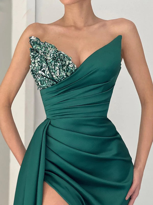 Sheath/Column Elastic Woven Satin Ruched Sweetheart Sleeveless Court Train Dresses