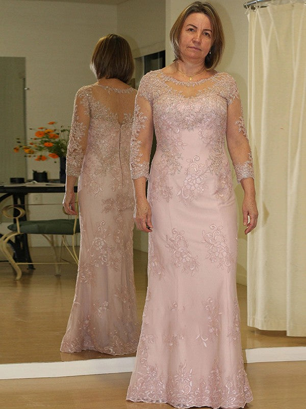 Sheath/Column Lace Applique Scoop Long Sleeves Floor-Length Plus Size Mother of the Bride Dresses