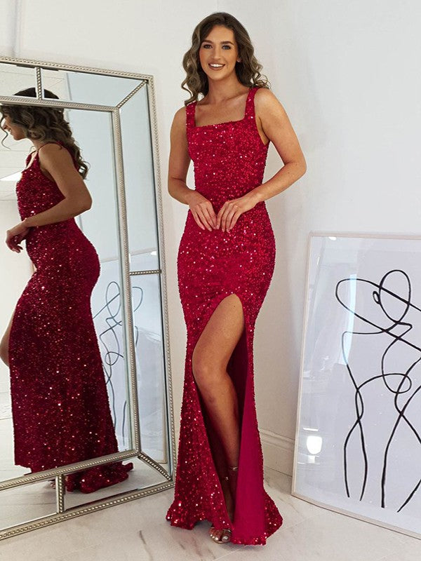 Sheath/Column Velvet Sequins Straps Sleeveless Floor-Length Dresses