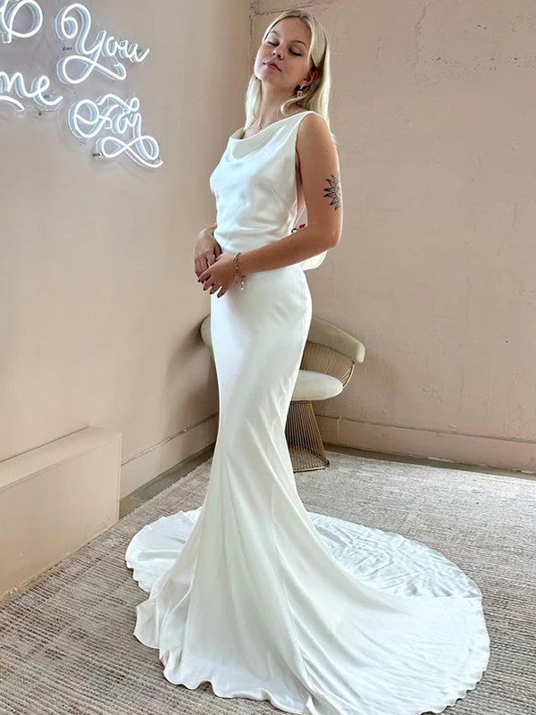 Sheath/Column Silk like Satin Ruched Scoop Sleeveless Court Train Wedding Dresses