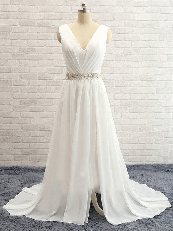 A-Line/Princess V-neck Sweep/Brush Train Sleeveless Beading Chiffon Wedding Dresses