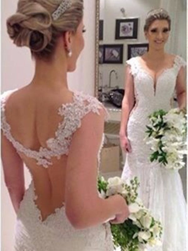 Trumpet/Mermaid Sleeveless Sweep/Brush Train V-neck Lace Wedding Dresses