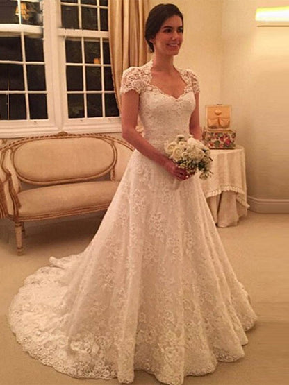 A-Line/Princess Sweetheart Court Train Short Sleeves Lace Wedding Dresses