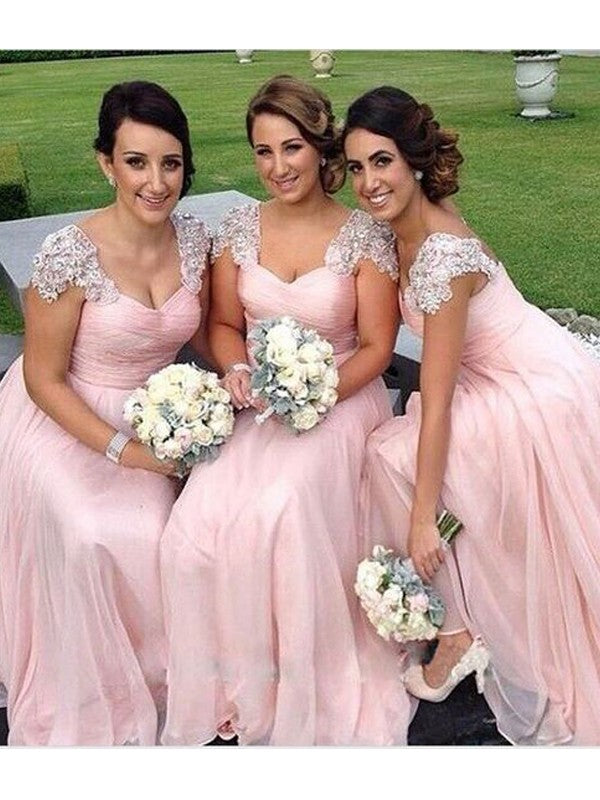 A-Line/Princess Sleeveless Sweetheart Floor-Length Beading Chiffon Bridesmaid Dresses