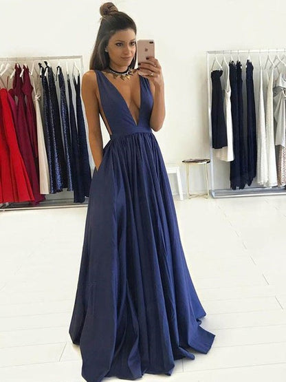 A-Line/Princess V-neck Sleeveless Floor-Length Taffeta Dresses