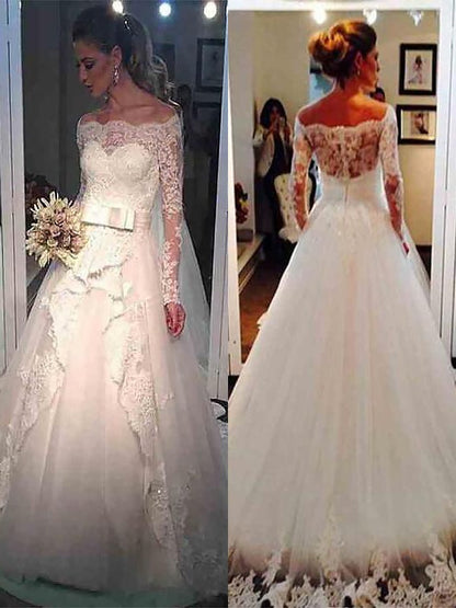 Ball Gown Tulle Long Sleeves Off-the-Shoulder Sweep/Brush Train Wedding Dresses