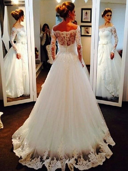 Ball Gown Tulle Long Sleeves Off-the-Shoulder Sweep/Brush Train Wedding Dresses