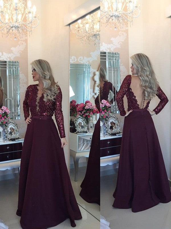 A-Line/Princess Scoop Long Sleeves Sequin Floor-Length Satin Dresses