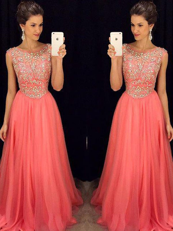 A-Line/Princess Scoop Sleeveless Beading Floor-Length Chiffon Dresses