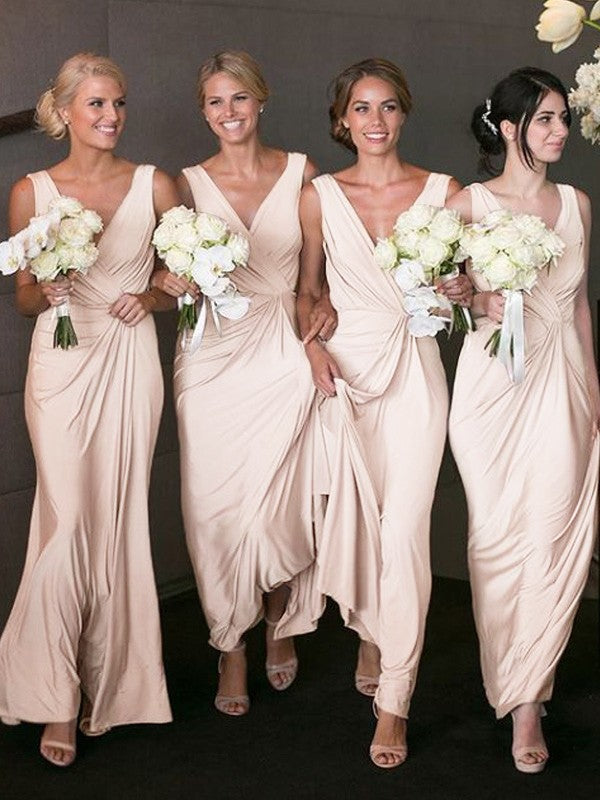 A-Line/Princess V-neck Sleeveless Floor-Length Spandex Bridesmaid Dresses