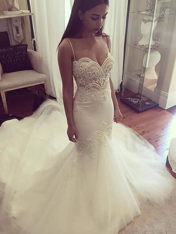 Trumpet/Mermaid Spaghetti Straps Sleeveless Chapel Train Tulle Wedding Dresses