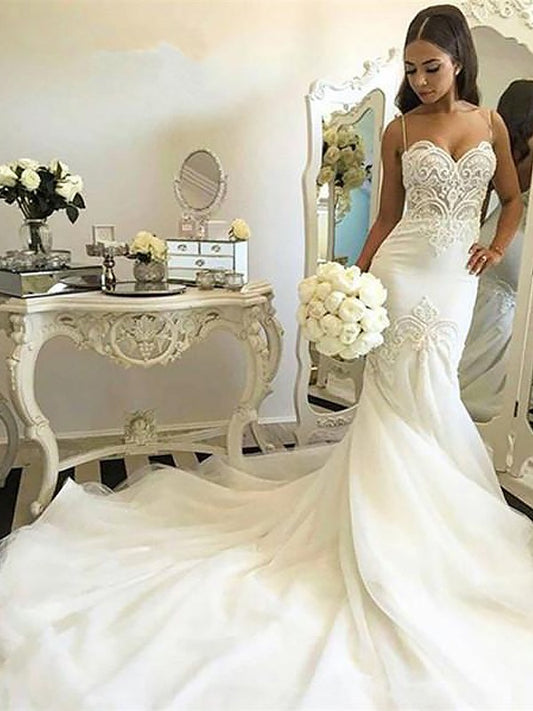 Trumpet/Mermaid Spaghetti Straps Sleeveless Chapel Train Tulle Wedding Dresses