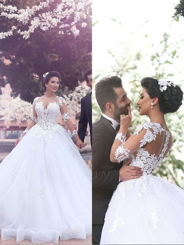 Ball Gown Court Train Sweetheart Long Sleeves Tulle Wedding Dresses