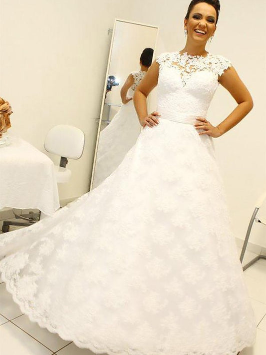 Ball Gown Scoop Lace Sleeveless Floor-Length Wedding Dresses