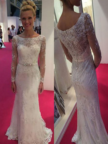 Sheath/Column Scoop Long Sleeves Lace Chiffon Sweep/Brush Train Wedding Dresses