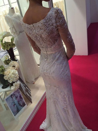 Sheath/Column Scoop Long Sleeves Lace Chiffon Sweep/Brush Train Wedding Dresses