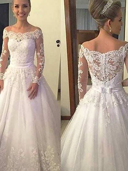 Ball Gown Long Sleeves Off-the-Shoulder Lace Tulle Court Train Wedding Dresses