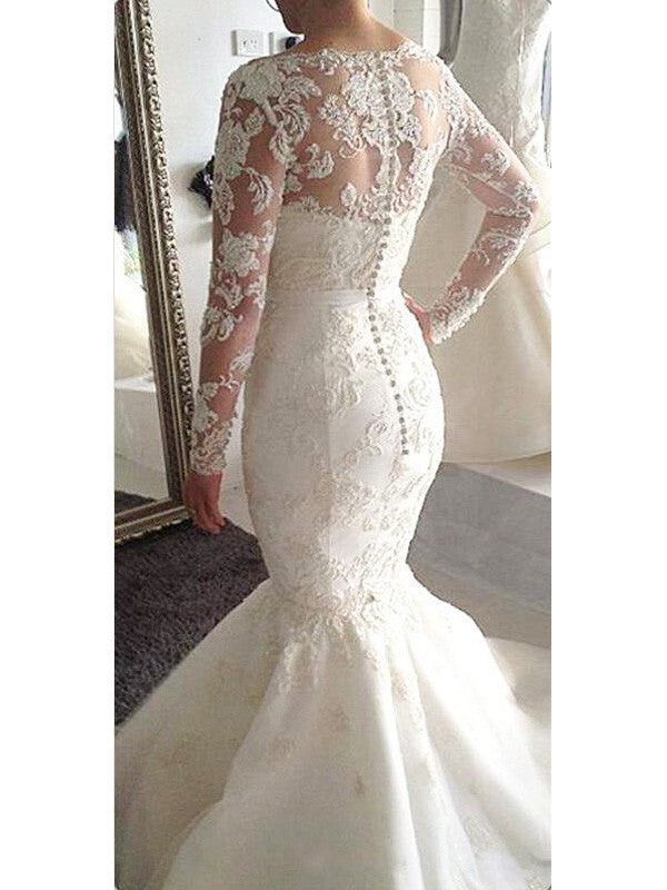 A-Line/Princess Bateau Long Sleeves Tulle Court Train Applique Wedding Dresses