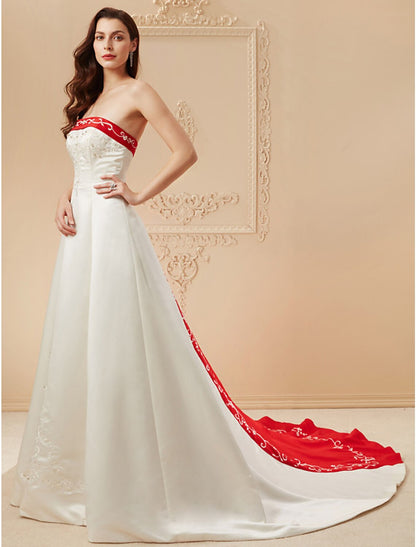 Open Back Wedding Dresses Sweep / Brush Train Ball Gown Strapless Strapless Satin With Embroidery Appliques