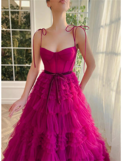 Ball Gown Evening Gown Puffy Dress Wedding Party Birthday Floor Length Sleeveless Spaghetti Strap Tulle with Ruffles Strappy