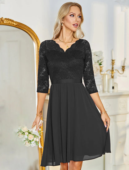 A-Line Cocktail Dresses Vintage Dress Wedding Guest Party Wear Knee Length Half Sleeve V Neck Chiffon with Pleats