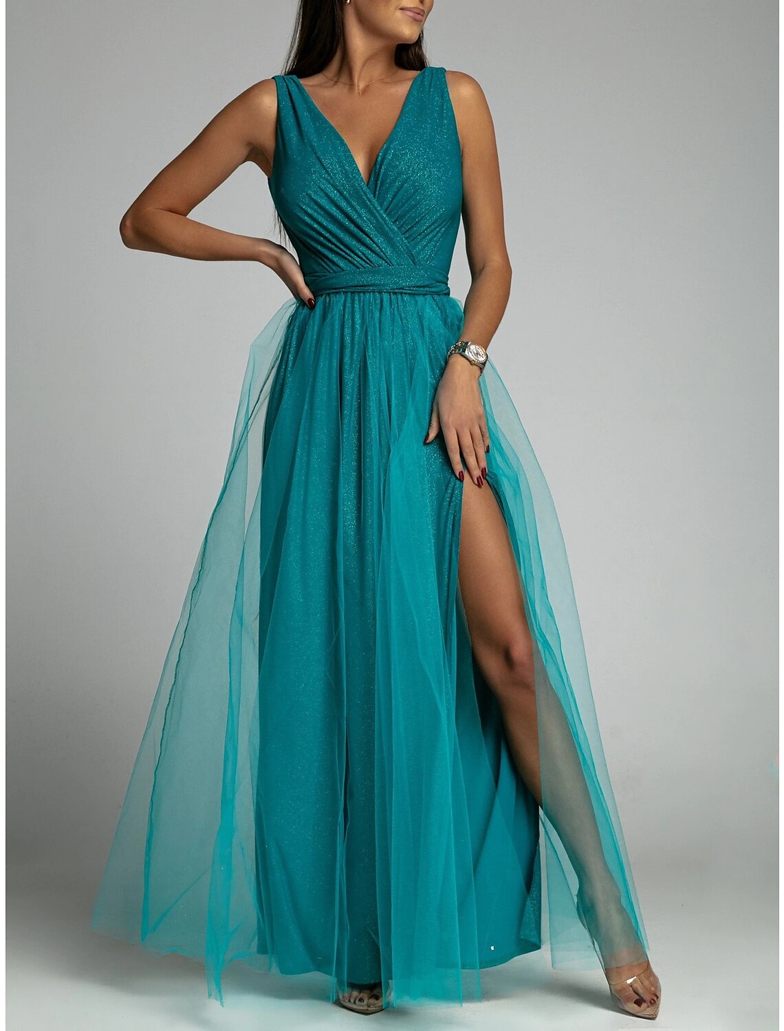 A-Line Party Dresses Sexy Dress Wedding Guest Prom Floor Length Sleeveless V Neck Polyester with Ruched Slit