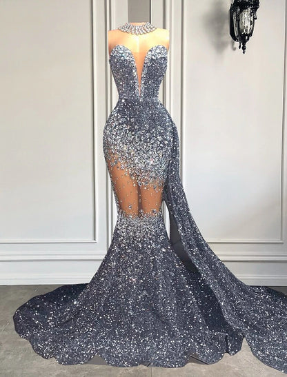 Mermaid / Trumpet Evening Gown Sparkle & Shine Dress Carnival Formal Court Train Sleeveless Strapless African American Sequined with Beading Sequin