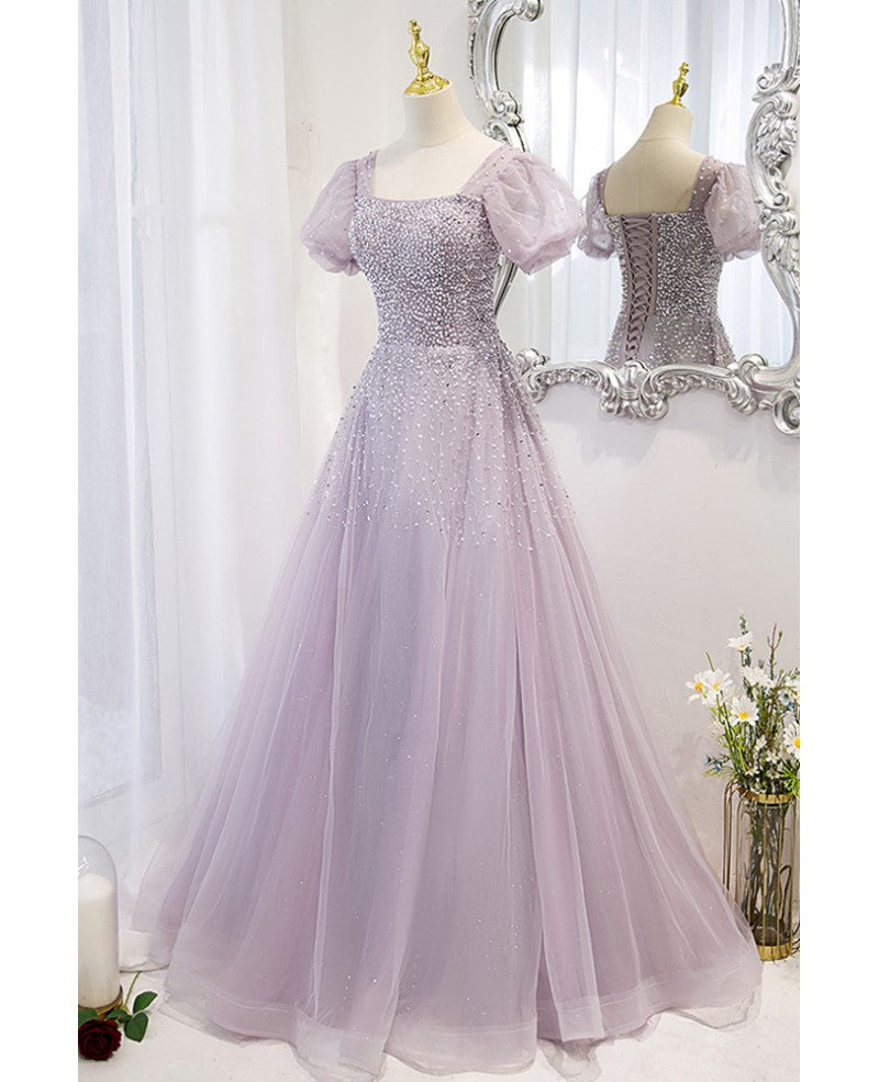 Elegant and unique lavender square neckline fluffy short sleeved beaded sequin ball dress lavender A-line princess sheer backless strap and floor length evening dress