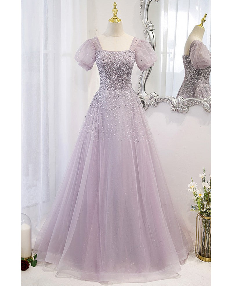 Elegant and unique lavender square neckline fluffy short sleeved beaded sequin ball dress lavender A-line princess sheer backless strap and floor length evening dress