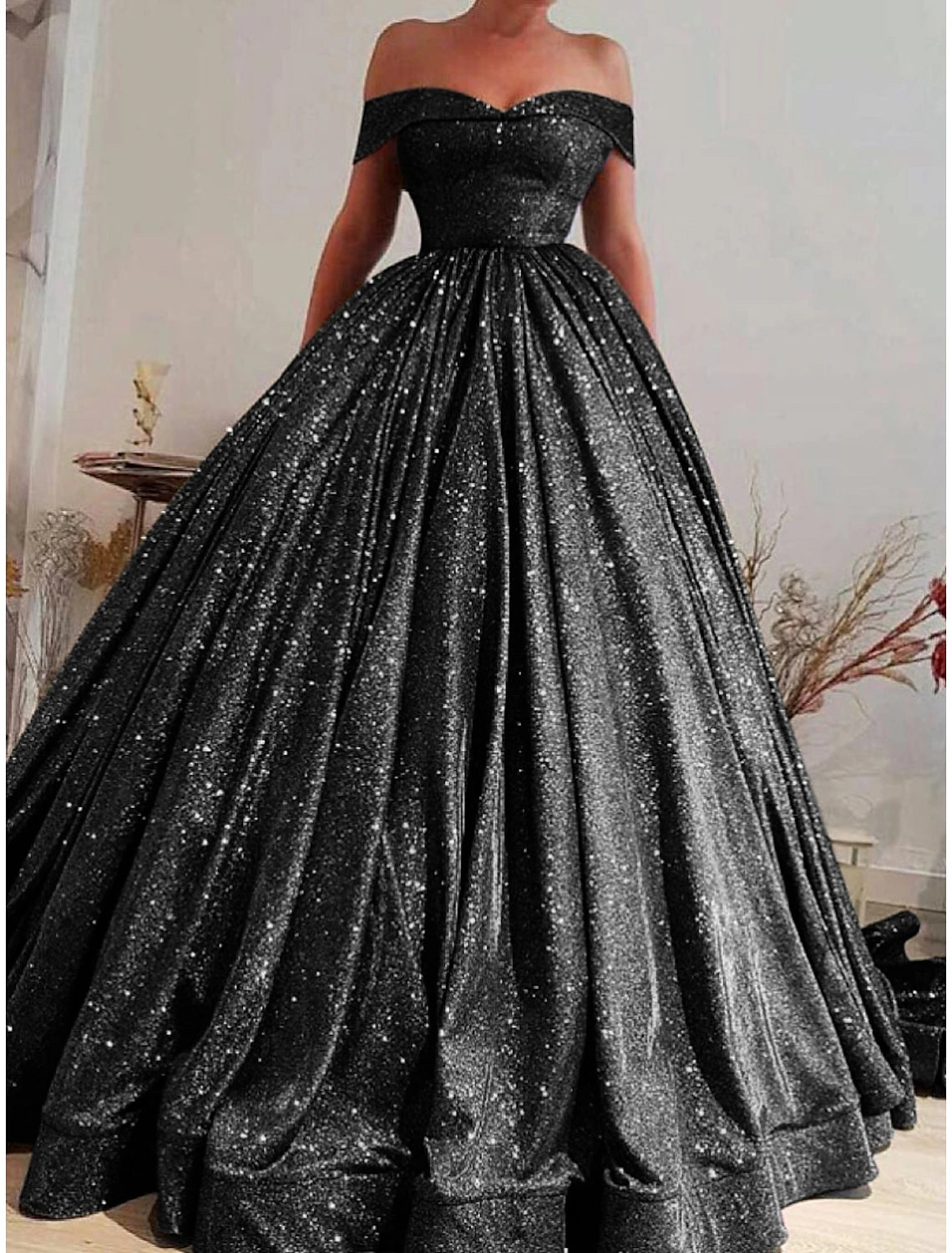 A-Line Prom Dresses Sparkle & Shine Dress Black Tie Gala Court Train Short Sleeve Off Shoulder Sequined with Glitter Pleats 2024