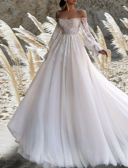 Beach Boho Wedding Dresses A-Line Off Shoulder Long Sleeve Court Train Lace Bridal Gowns With Beading