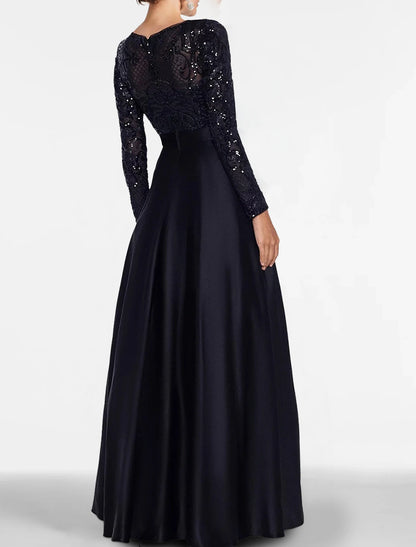 A-Line Evening Gown Elegant Black Dress Plus Size Formal Sequin Satin Dress Black Tie Floor Length Long Sleeve Off Shoulder Fall Wedding Guest with Slit Pocket 2024