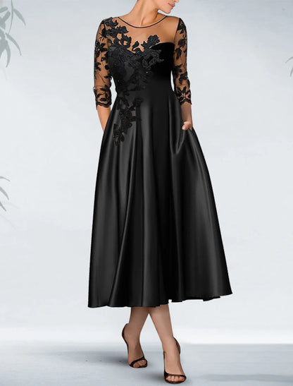 A-Line Cocktail Black Dress Plus Size Appliques Elegant Dress Fall Wedding Guest Dress For Mother Knee Length 3/4 Length Sleeve Off Shoulder Pocket Satin with Beading Pocket 2024