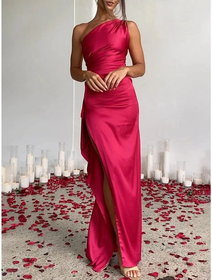 A-Line Party Dresses Elegant Dress Formal Floor Length Sleeveless One Shoulder Satin with Ruched Slit