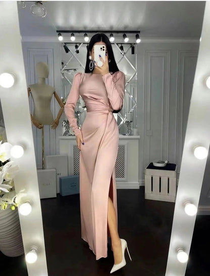 Sheath Party Dress Evening Gown Elegant Dress Wedding Guest Fall Floor Length Long Sleeve High Neck Bridesmaid Dress Satin with Ruched 2024