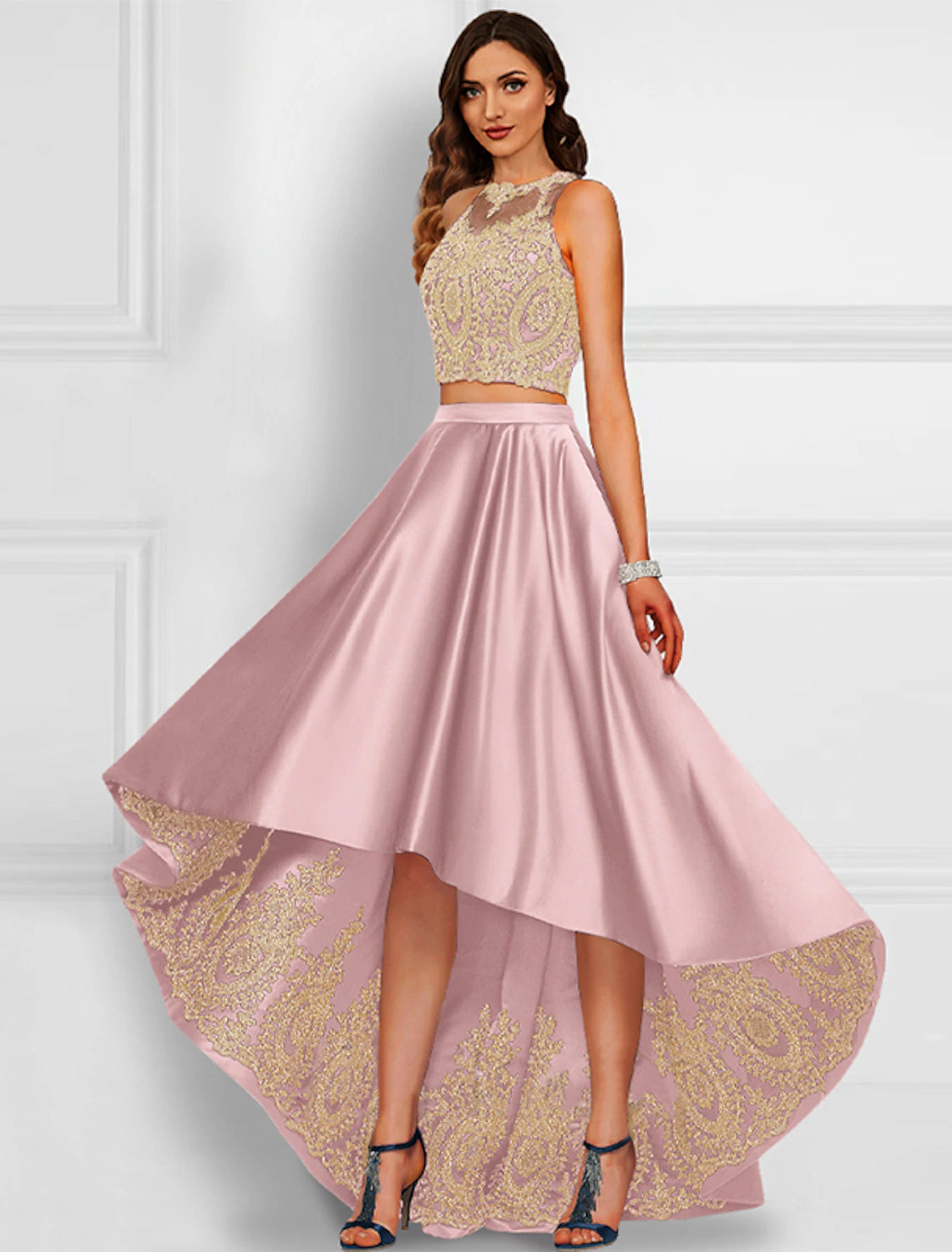 Two Piece Cocktail Dresses Sparkle & Shine Dress Prom Asymmetrical Sleeveless Jewel Neck Charmeuse with Appliques